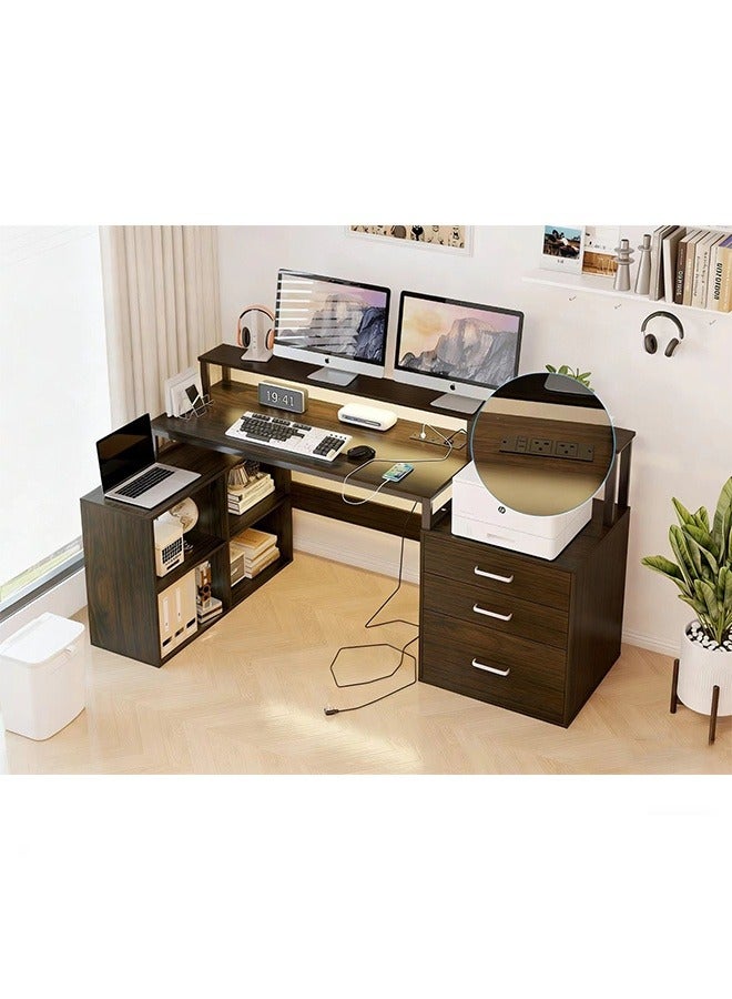 JCB CHIC مكتب كمبيوتر 3 في 1  مكتب دراسة، مكتب ألعاب متعدد الوظائف مزود بمصابيح LED ومنافذ طاقة، طاولة كمبيوتر مع مساحة تخزين وأدراج، مكتب مكتبي قائم مع خزانة ملفات من القماش - Image 1