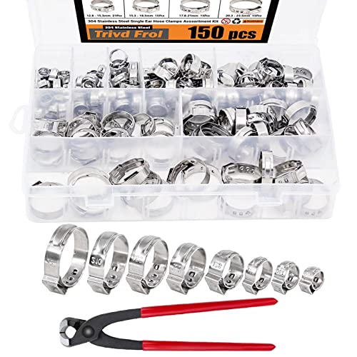 Trivd Frol 150Pcs 304 Stainless Steel Single Ear Hose Clamp with Ear Clamp Pincer, 6-23.5mm Crimp Hose Clamp Assortment Kit Cinch Rings Crimp Pinch Tools Perfect for Automotive, Home Appliance Line and Plumbing - Image 1
