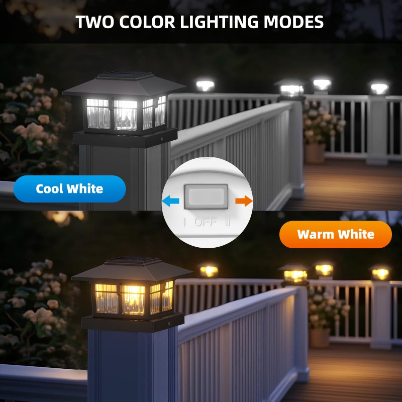EXCMARK 4x4 Solar Post Cap Lights, 8 Pack Fence Deck Post Lights Outdoor Solar Powered Waterproof with Two Light Modes Warm&Cool White for Garden Patio Decor.(Classic Black, 8) - Image 3
