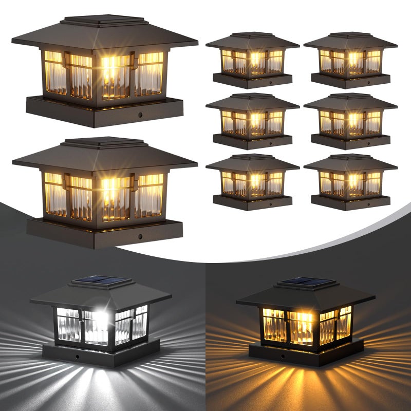 EXCMARK 4x4 Solar Post Cap Lights, 8 Pack Fence Deck Post Lights Outdoor Solar Powered Waterproof with Two Light Modes Warm&Cool White for Garden Patio Decor.(Classic Black, 8) - Image 1