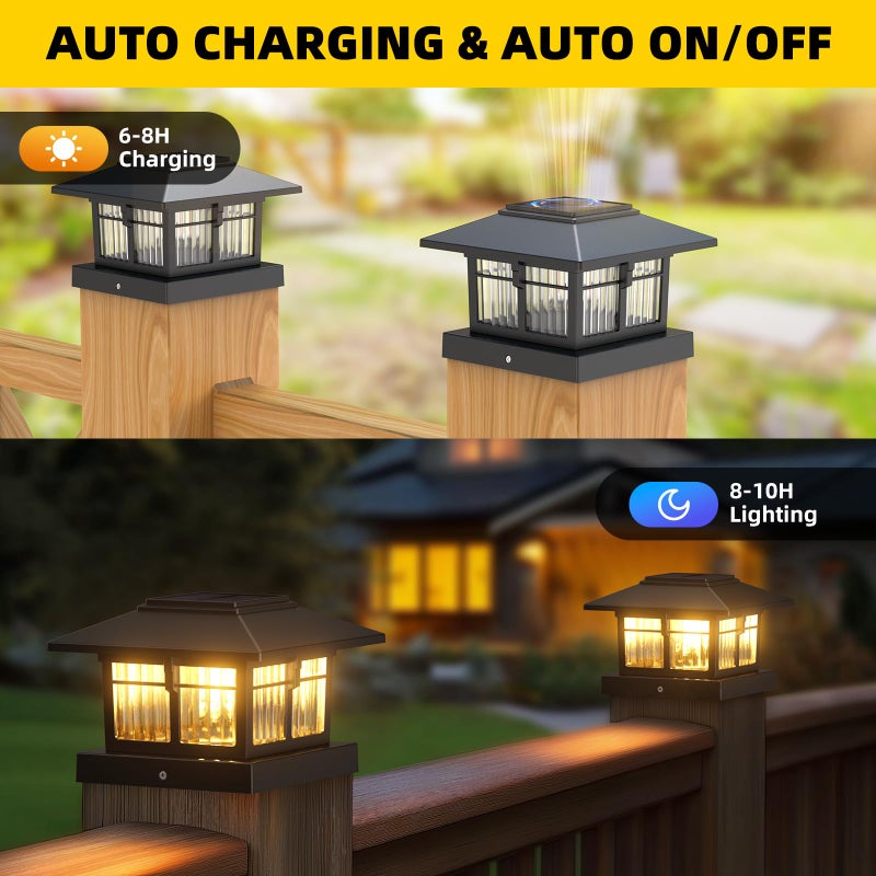 EXCMARK 4x4 Solar Post Cap Lights, 8 Pack Fence Deck Post Lights Outdoor Solar Powered Waterproof with Two Light Modes Warm&Cool White for Garden Patio Decor.(Classic Black, 8) - Image 4