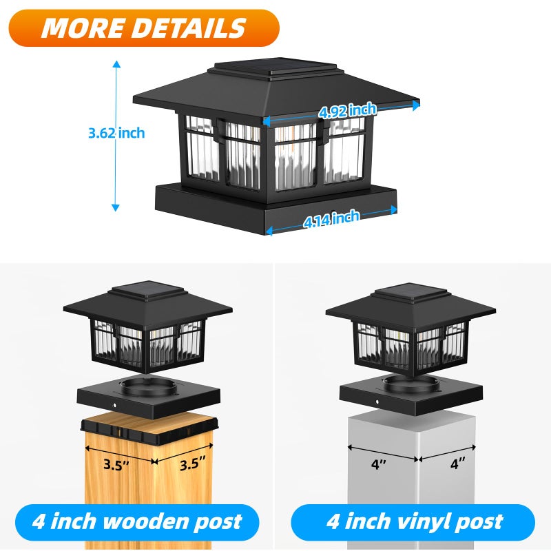 EXCMARK 4x4 Solar Post Cap Lights, 8 Pack Fence Deck Post Lights Outdoor Solar Powered Waterproof with Two Light Modes Warm&Cool White for Garden Patio Decor.(Classic Black, 8) - Image 2