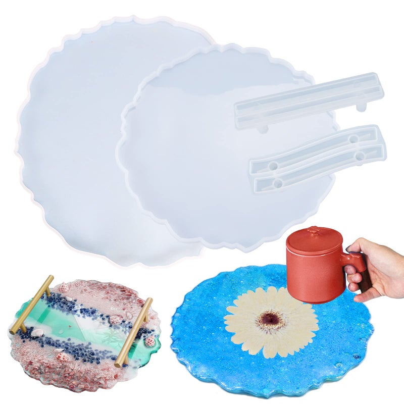 2 Size Large Silicone Tray Molds with Handles Molds 13 Inches Round Big Tray Resin Mold Irregular Geode Coasters Jewelry Plates Mold for Epoxy Resin Casting Art Craft Supplies