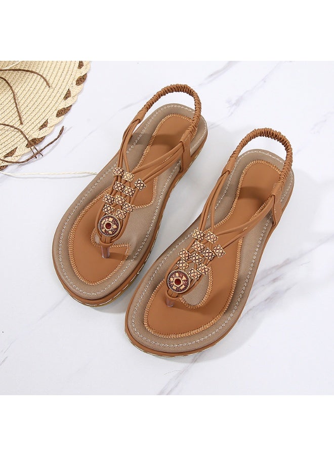 NIBEMINENT Summer Sandals Women's Fashion Bohemian Wooden Wood Beaded Flats Flat Casual Shoes Breathable Beach Comfortable - Image 1