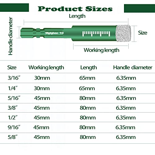 Mgtgbao 6pc Green1/4” Dry Diamond Drill Bits Set，6PCS 6mm Hex Shank Core Drill Bit Brazed with Cooling Wax for Porcelain Tile Ceramic Concrete Granite Marble Hard Materials (not for Wood). - Image 2