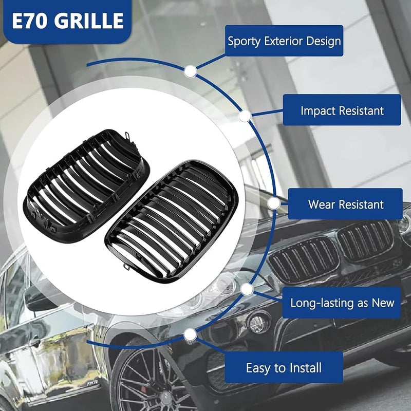 Oasisgalore X5 E70 Grill, Front Kidney Grille for 2007-2013 X5 Series E70 2008-2014 X6 Series E71 BMW x5 Accessories(Double Slats Gloss Black Grills, 2pcs - Image 3