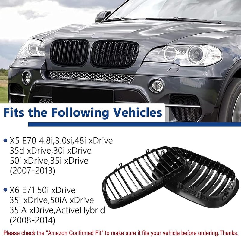 Oasisgalore X5 E70 Grill, Front Kidney Grille for 2007-2013 X5 Series E70 2008-2014 X6 Series E71 BMW x5 Accessories(Double Slats Gloss Black Grills, 2pcs - Image 4