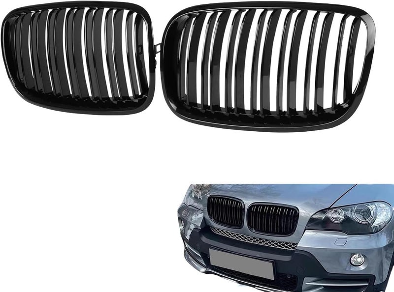 Oasisgalore X5 E70 Grill, Front Kidney Grille for 2007-2013 X5 Series E70 2008-2014 X6 Series E71 BMW x5 Accessories(Double Slats Gloss Black Grills, 2pcs - Image 1