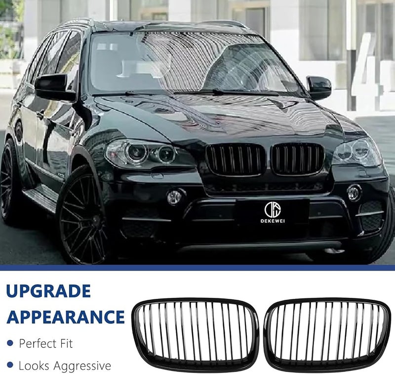 Oasisgalore X5 E70 Grill, Front Kidney Grille for 2007-2013 X5 Series E70 2008-2014 X6 Series E71 BMW x5 Accessories(Double Slats Gloss Black Grills, 2pcs - Image 2