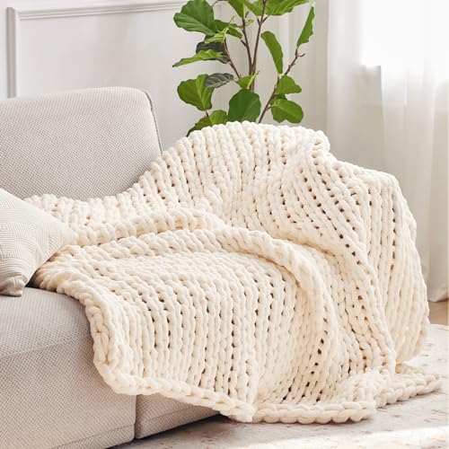 Negwoo Chunky Knit Throw Blanket, 80''*90'' Knitted Throw Chenille Yarn for Bed Couch, Handmade Cream Crochet Big Thick Blanket, Machine Washable Cute Comfy Blanket for Home Decor - Image 2