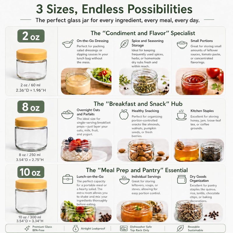 EONJOE 8oz Small Glass Containers with Lids, Food Storage Jars, 6pk | Perfect for Chia Pudding Jam Snacks Yogurt Overnight Oats Candy ,Dishwasher safe,Airtight - Image 4