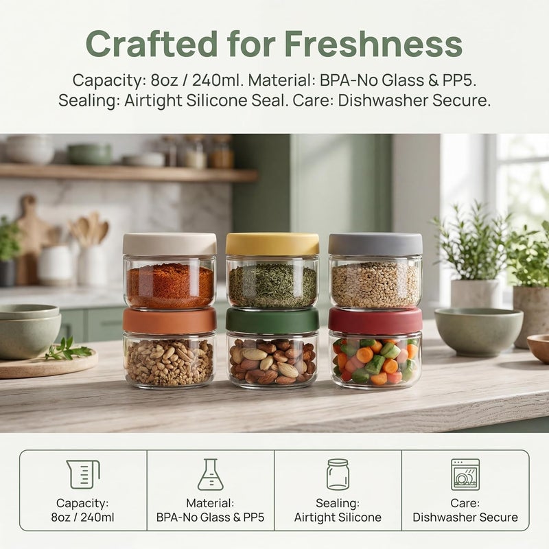 EONJOE 8oz Small Glass Containers with Lids, Food Storage Jars, 6pk | Perfect for Chia Pudding Jam Snacks Yogurt Overnight Oats Candy ,Dishwasher safe,Airtight - Image 3