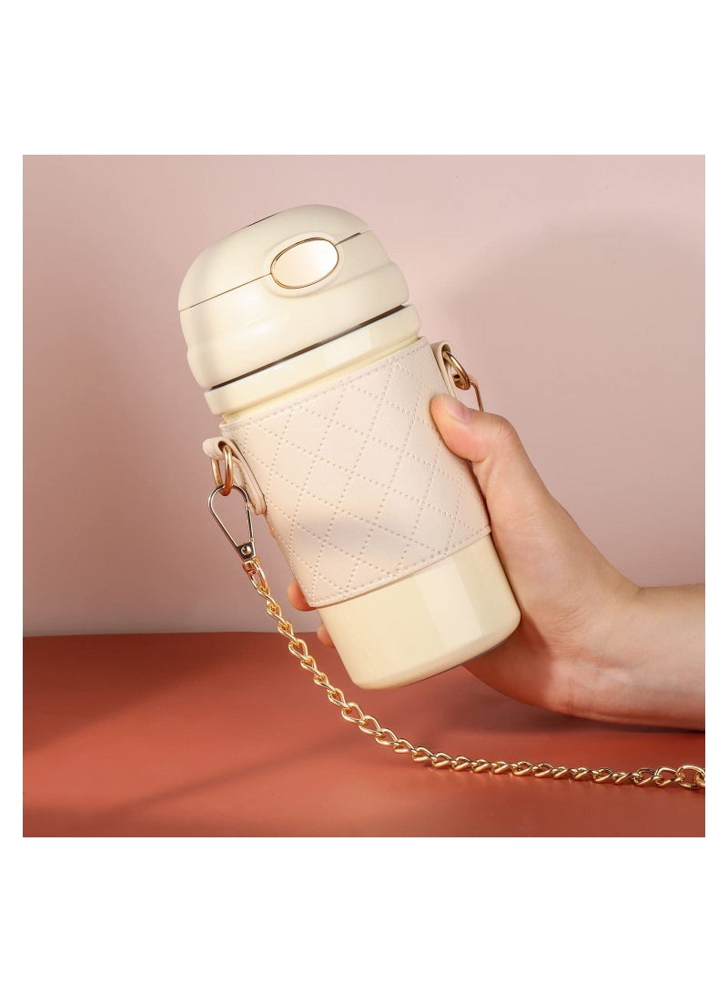 KASTWAVE زجاجة مياه ترمس مع شفاطة، غلاف ترمس من الفولاذ المقاوم للصدأ وحزام، كوب قهوة للأطفال والسيدات والرجال للاستخدام المنزلي والمكتبي والعمل الخارجي والسفر للمشروبات الساخنة والباردة، 16 أوقية/480 مل (بيج) - Image 4