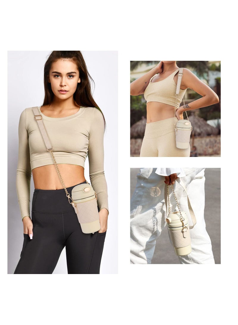 KASTWAVE زجاجة مياه ترمس مع شفاطة، غلاف ترمس من الفولاذ المقاوم للصدأ وحزام، كوب قهوة للأطفال والسيدات والرجال للاستخدام المنزلي والمكتبي والعمل الخارجي والسفر للمشروبات الساخنة والباردة، 16 أوقية/480 مل (بيج) - Image 2