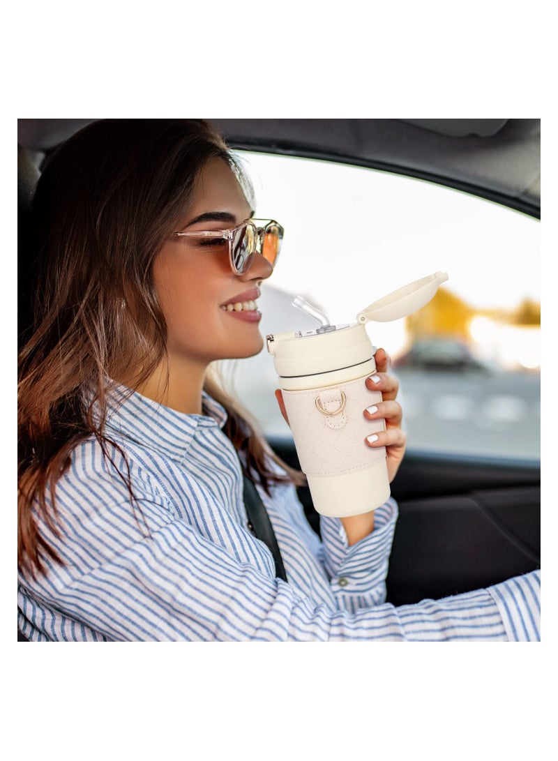 KASTWAVE زجاجة مياه ترمس مع شفاطة، غلاف ترمس من الفولاذ المقاوم للصدأ وحزام، كوب قهوة للأطفال والسيدات والرجال للاستخدام المنزلي والمكتبي والعمل الخارجي والسفر للمشروبات الساخنة والباردة، 16 أوقية/480 مل (بيج) - Image 5