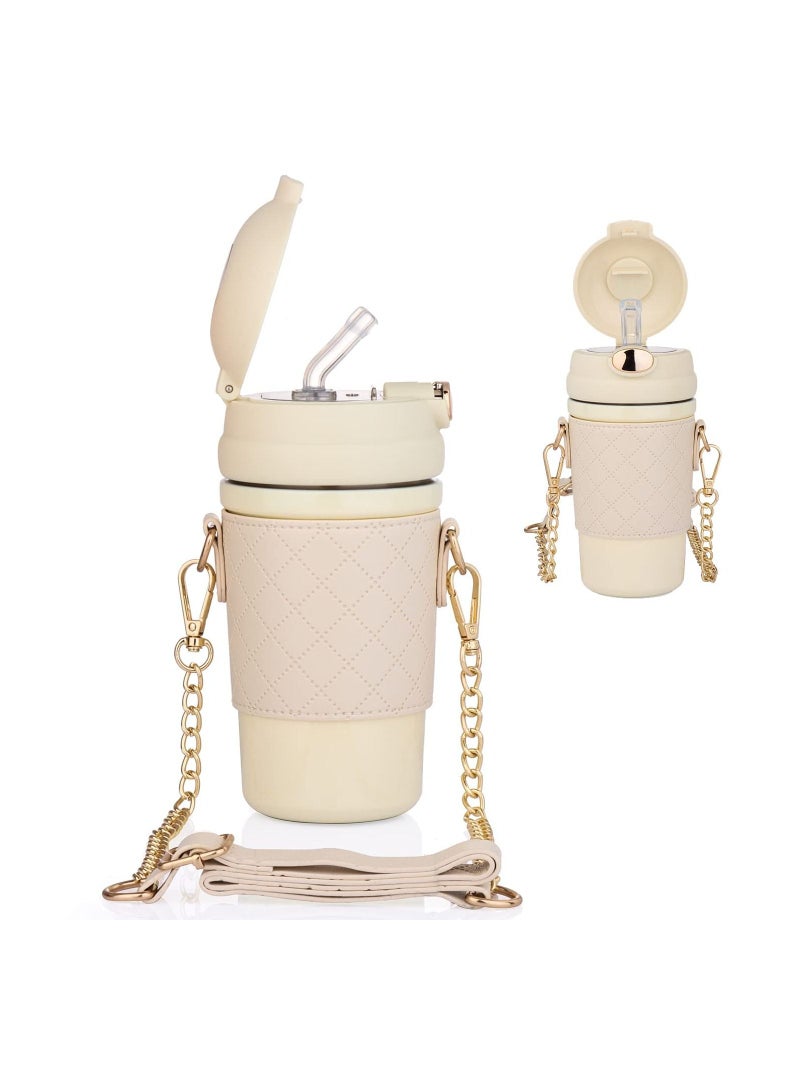 KASTWAVE زجاجة مياه ترمس مع شفاطة، غلاف ترمس من الفولاذ المقاوم للصدأ وحزام، كوب قهوة للأطفال والسيدات والرجال للاستخدام المنزلي والمكتبي والعمل الخارجي والسفر للمشروبات الساخنة والباردة، 16 أوقية/480 مل (بيج) - Image 1