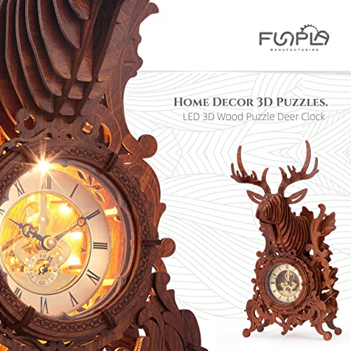 FUNPOLA LED 3D Wood Puzzle Deer Clock 3D Wooden Puzzle Elk Clock Building Model Home Dcor 3D Wooden Puzzle for AdultsTeens Christmas GiftWood Yellow Light - Image 5