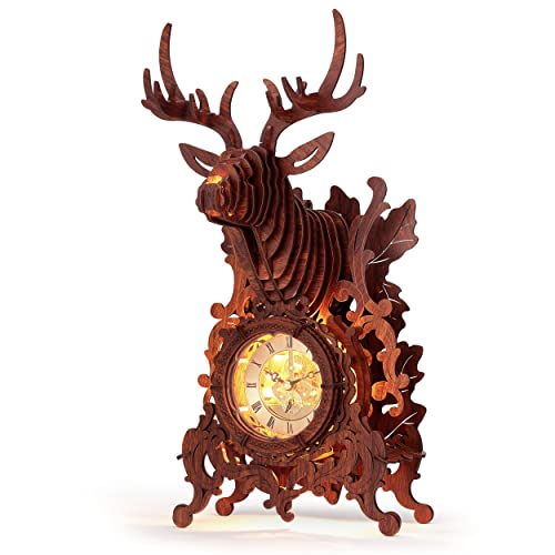 FUNPOLA LED 3D Wood Puzzle Deer Clock 3D Wooden Puzzle Elk Clock Building Model Home Dcor 3D Wooden Puzzle for AdultsTeens Christmas GiftWood Yellow Light - Image 1