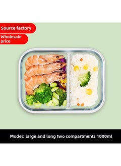 High Borosilicate Glass Fresh-keeping Bowl With Lid Microwave Oven Partition Household Bento Box Family Glass Bowl Heating Lunch Box-Specifications:Large And Long Two Separated 1000ml-Color:Blue