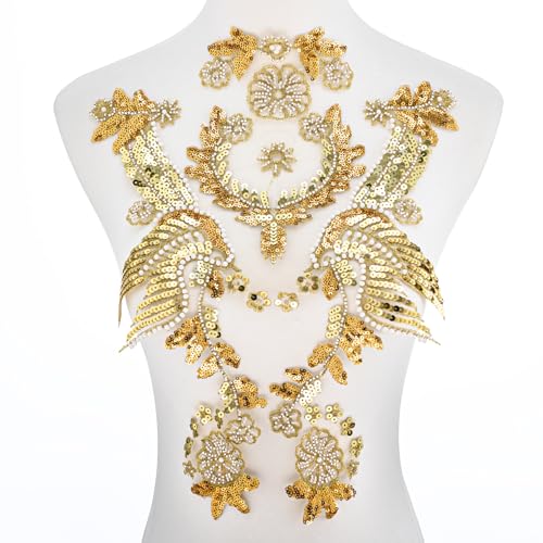 Silvora Gold Embroidery Pearl Phoenix Sequin Applique, Handmade Sewing Tool for Wedding Dress Gown Bodice Costume Clothing Craft DIY (Gold-3) - Image 1