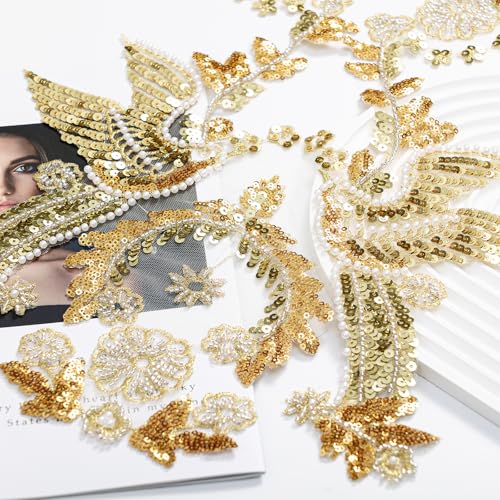 Silvora Gold Embroidery Pearl Phoenix Sequin Applique, Handmade Sewing Tool for Wedding Dress Gown Bodice Costume Clothing Craft DIY (Gold-3) - Image 3