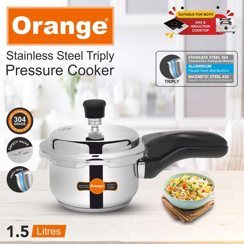 Orange Triply Stainless Steel Outer Lid Pressure Cooker With Strong, Sturdy Handle 1.5 Litre Capacity | Induction Friendly | Heavy Bottom | 2.5Mm Base Thickness | 5 Year Warranty | Steel Color - Image 2