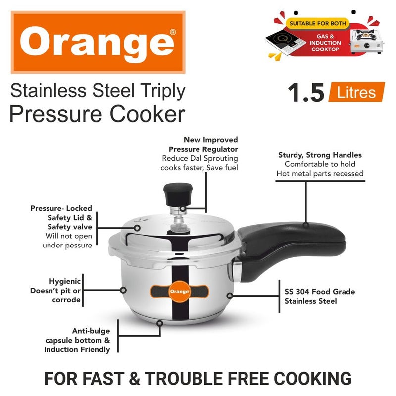 Orange Triply Stainless Steel Outer Lid Pressure Cooker With Strong, Sturdy Handle 1.5 Litre Capacity | Induction Friendly | Heavy Bottom | 2.5Mm Base Thickness | 5 Year Warranty | Steel Color - Image 3