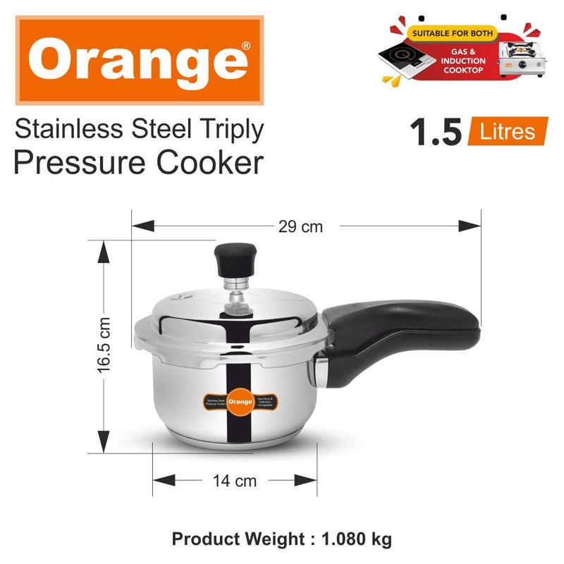 Orange Triply Stainless Steel Outer Lid Pressure Cooker With Strong, Sturdy Handle 1.5 Litre Capacity | Induction Friendly | Heavy Bottom | 2.5Mm Base Thickness | 5 Year Warranty | Steel Color - Image 4