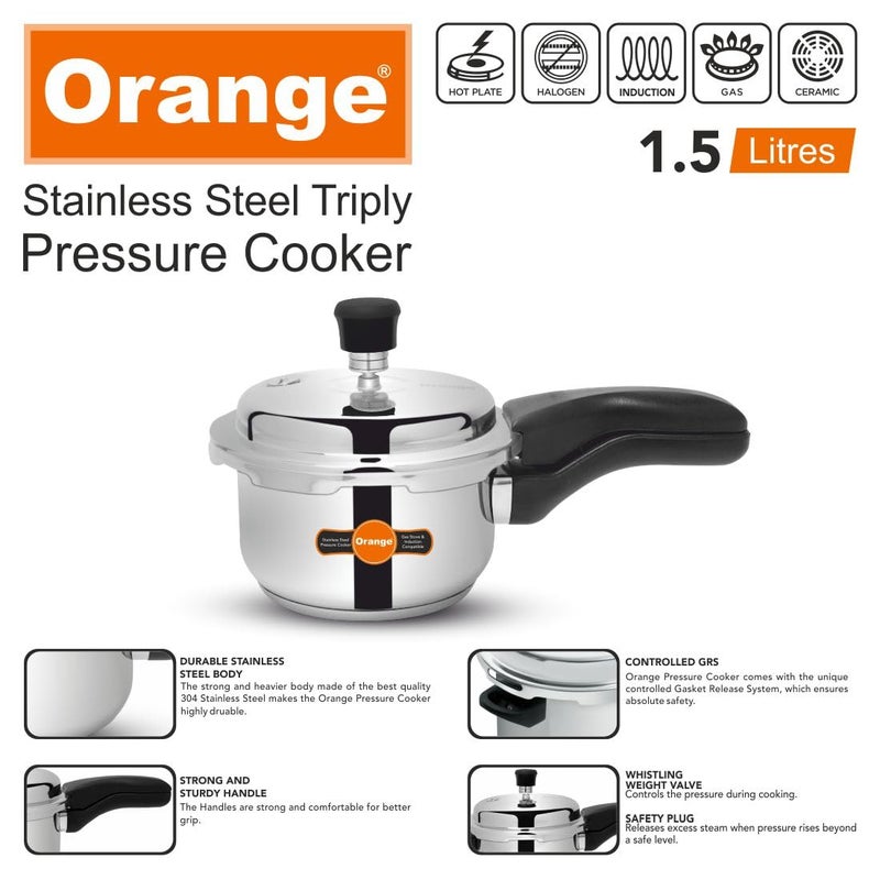 Orange Triply Stainless Steel Outer Lid Pressure Cooker With Strong, Sturdy Handle 1.5 Litre Capacity | Induction Friendly | Heavy Bottom | 2.5Mm Base Thickness | 5 Year Warranty | Steel Color - Image 5