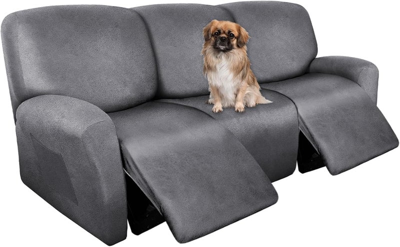 ANARACHON Recliner Couch Cover Leather Look Recliner Sofa Covers for 3 Cushion Reclining Sofa Slipcovers 8-Pieces Furniture Protector Spandex Fabric Washable (3 Seater, 01 Light Grey) - Image 1
