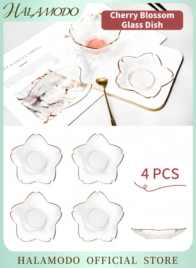 HALAMODO 4-Piece Cherry Blossom Glass Dish Set Clear Dipping Bowls Small Snack Bowls Sauce Dishes Mini Bowls for Soy Sauce Condiments Nuts and Desserts with Handcrafted Gold Trim  - Image 1