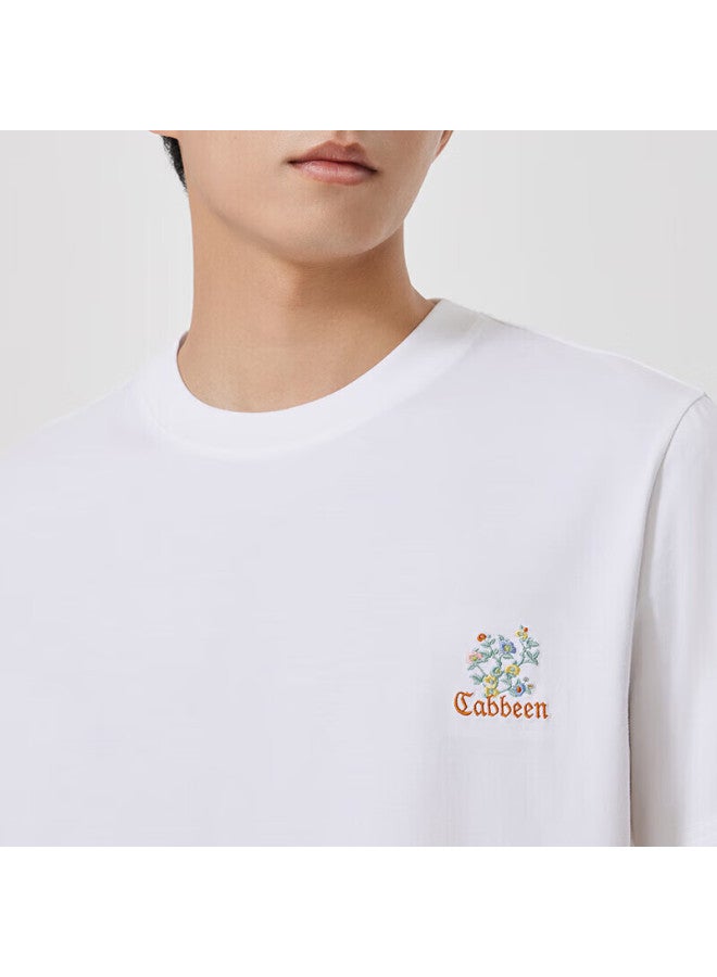 Cabbeen Men's Clothing Suolona Cool-feeling T-shirt, Summer Logo Floral Embroidery Short Sleeve Trendy, Bleached White, Size 52 - Image 1