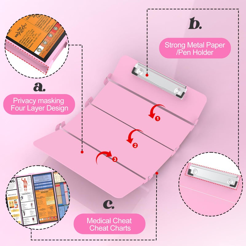 NECEG Nursing Clipboard Foldable-4 Layers Aluminum Nurse Foldable Clipboard Nursing Medical Edition Cheat Sheets, Pocket Size Pen Clip for Nurses Students School and Doctors-Pink - Image 5