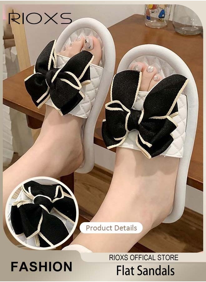 RIOXS Women's Summer Slippers with Bowknot, Non-Slip Open-toe Beach Sandals, Classic Plain Sliders, Soft Comfortable Sandals for Indoor or Outdoor Use  - Image 1