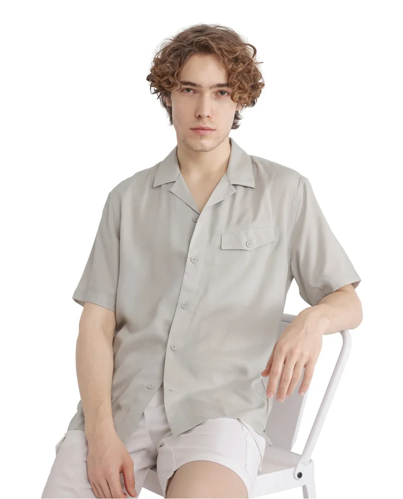 Rare Rabbit Rare Rabbit Men Dubm Light Grey Modal Fabric Cuban Collar Short Sleeves Collared Neck with Flap Chest Pocket Plain Shirt