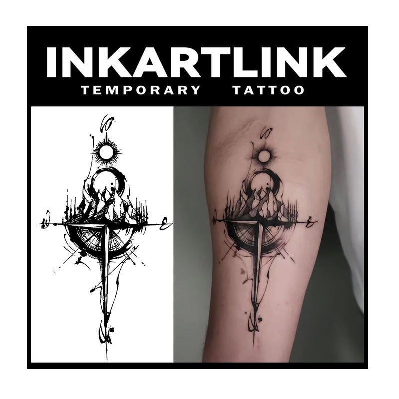 INKARTLINK Tattoo Tech 2 Sheets Large Semi Permanent Tattoo Adult Art Design Temporary Tattoos Lasts 12 Weeks Waterproof Realistic Look No Adhesive No Reflection Mountain Peaks Design