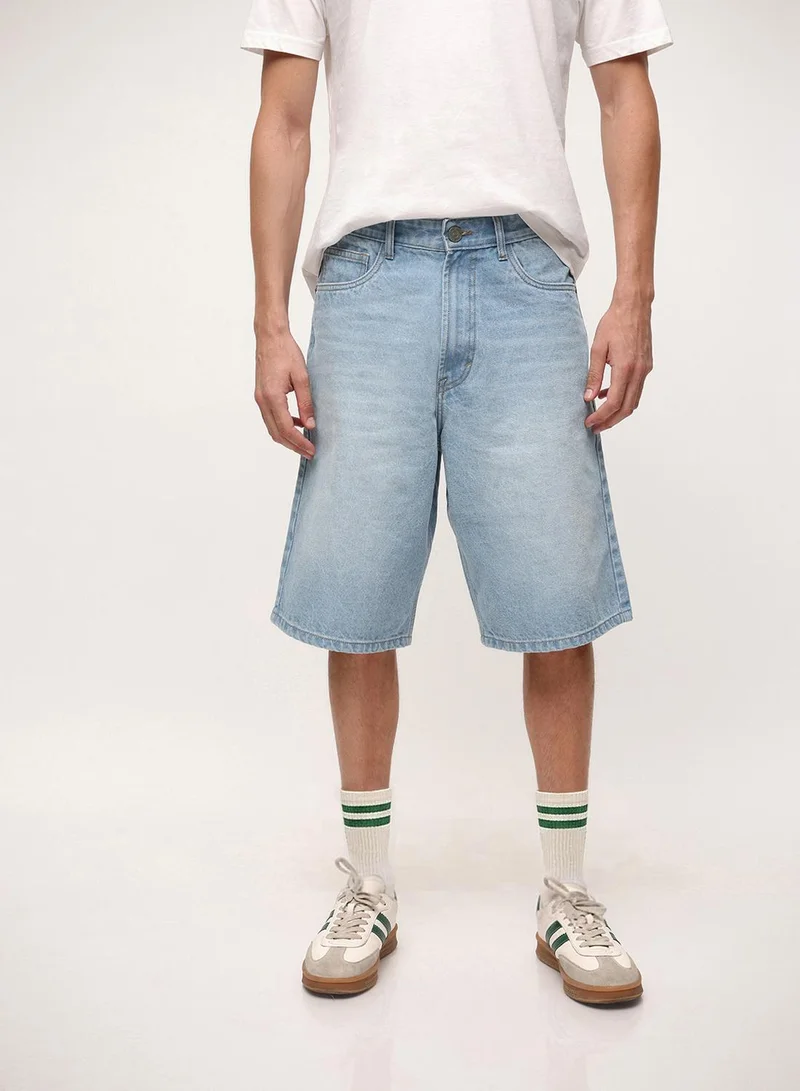 دينيس لينغو Blue 100% Cotton Washed Pattern Baggy Denim Shorts For Men