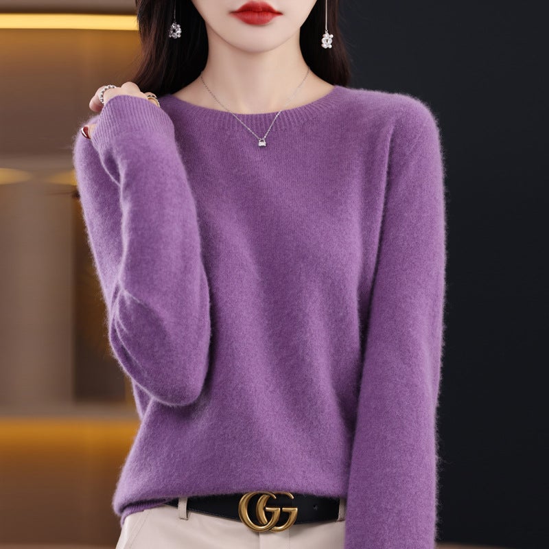 Woolen sweater womens solid color round neck 23 new long sleeve seamless knitted first-line garment wool sweater undershirt Purple