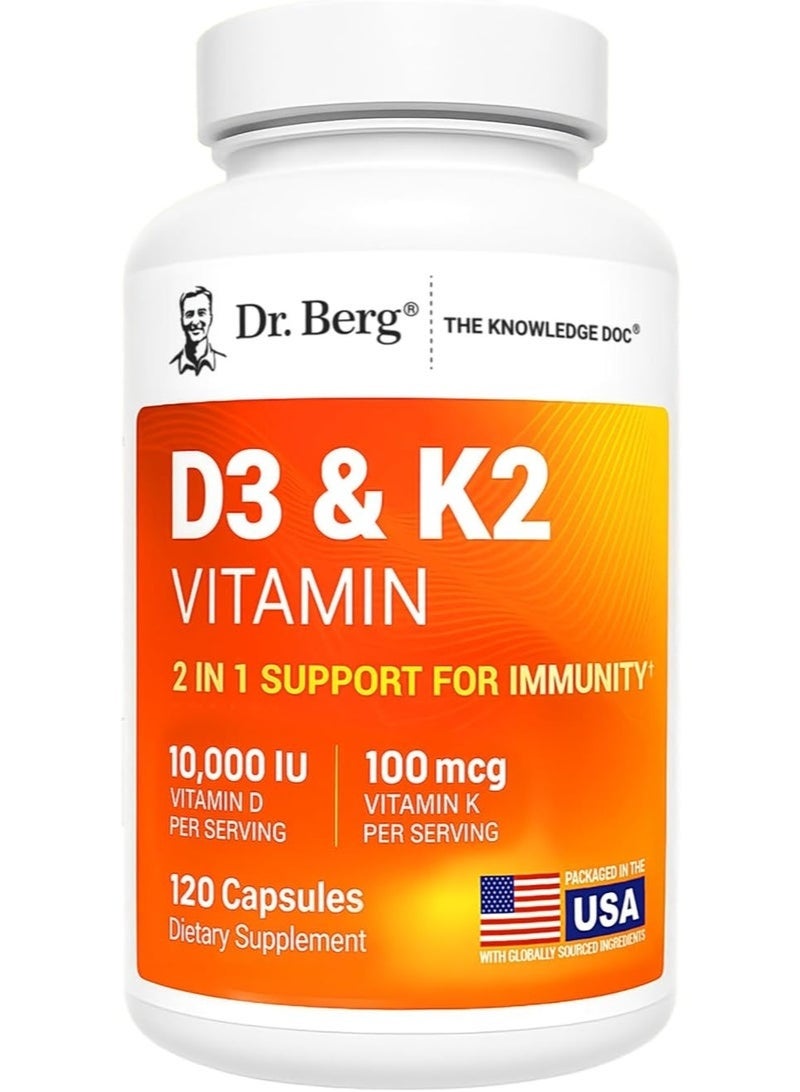 Dr. Bergs Nutritionals High-Potency Vitamin D3 & K2 Capsules Daily Nutritional Supplement 10000IU D3 + 100mcg K2 2-in-1 Immunity Support Dietary Supplement - Image 1