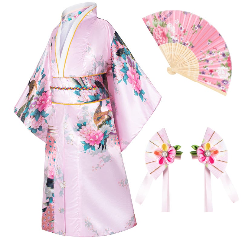 Japanese Traditional Dress Kimono Robe for Kids Girls Costume Silk Folding Fans hairstick SetPink110cm