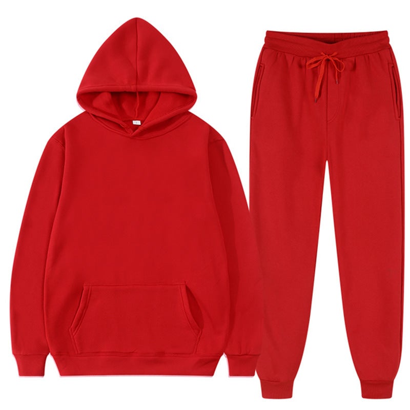 2023 spring and autumn cross-border mens and womens casual European size blank solid color suit fleece loose sweater sweatpants two-piece set batch Red 