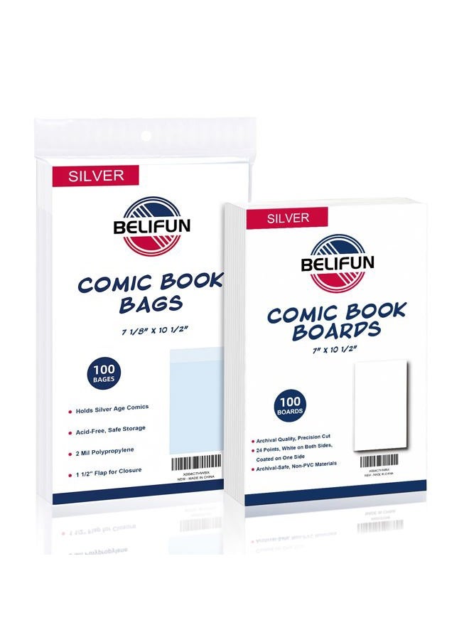 belifun 100ct Silver-Age Comic-Book-Bags and Boards - Reusable Comic Book Boards and Bags for Comic Book Storage, 1 1/2" Flap Comic Bags and Backing Boards, Clear Protector and Protection Board Cardboards - Image 1