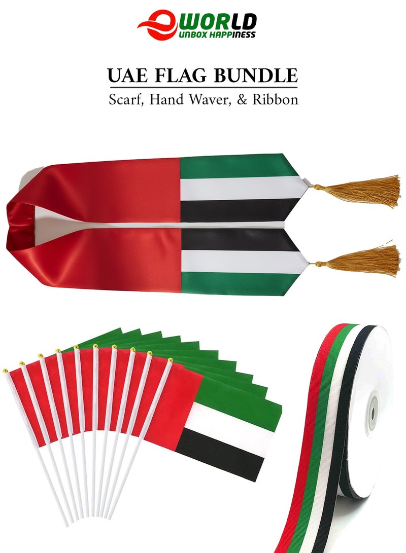 إي وورلد حزمة الاحتفال باليوم الوطني للإمارات – 12 علمًا صغيرًا، وشاح علم واحد، وشريط زخرفي واحد للحفلات والهدايا والمنزل | إكسسوارات وطنية - Image 1