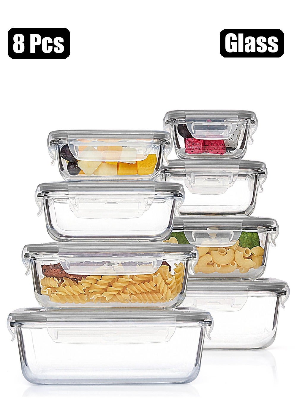 JoyousSto 8 Pack Glass Food Storage Containers with Lids, Meal Prep Containers, Airtight Bento Boxes with Leak Proof Locking for Microwave, Oven, Freezer and Dishwasher, BPA Free