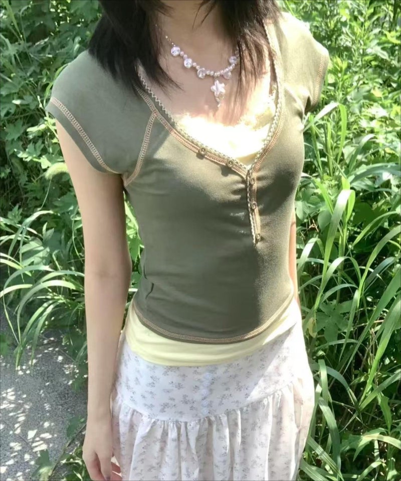 RICHTRUE Grunge Emo Goth Shirts Y2k Lace Bow Coquette Babydoll Tops Women Vintage Graphic Tees 2000s Summer Crop Tops (Small,Vintage Green) - Image 2