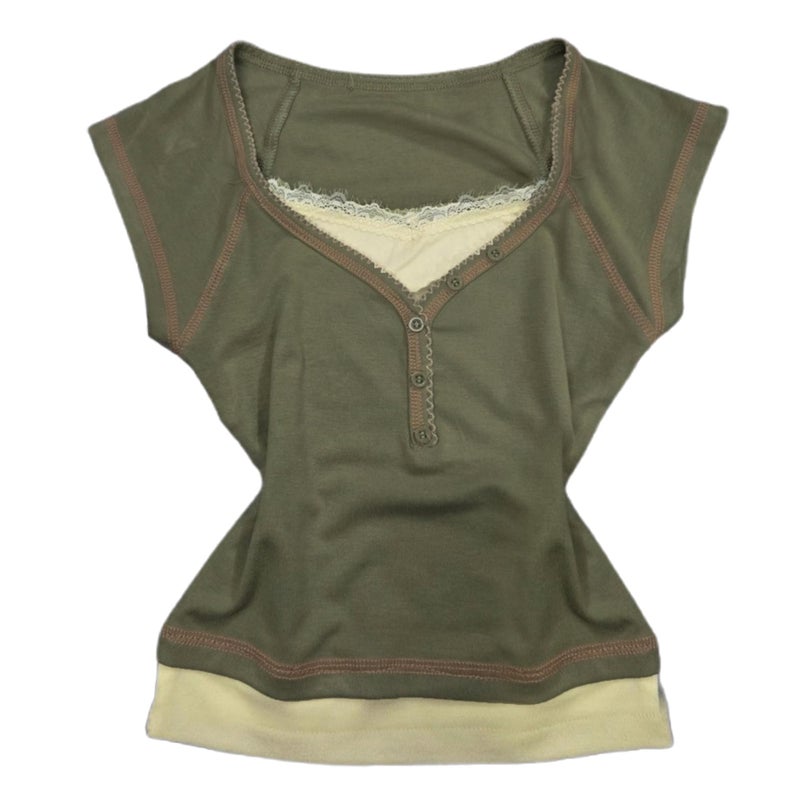 RICHTRUE Grunge Emo Goth Shirts Y2k Lace Bow Coquette Babydoll Tops Women Vintage Graphic Tees 2000s Summer Crop Tops (Small,Vintage Green) - Image 1