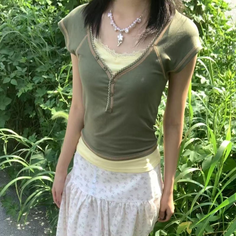 RICHTRUE Grunge Emo Goth Shirts Y2k Lace Bow Coquette Babydoll Tops Women Vintage Graphic Tees 2000s Summer Crop Tops (Small,Vintage Green) - Image 3