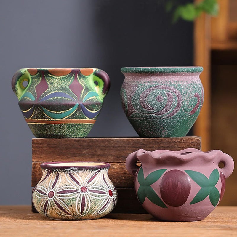 Yuccasly 4 Piece Ceramic Plant Pots Indoor Pots Set with Drainage Holes Rustic Colorful Decorative Flower Pots for IndoorOutdoor Little Plants Cute CactusBonsai Plant Pots