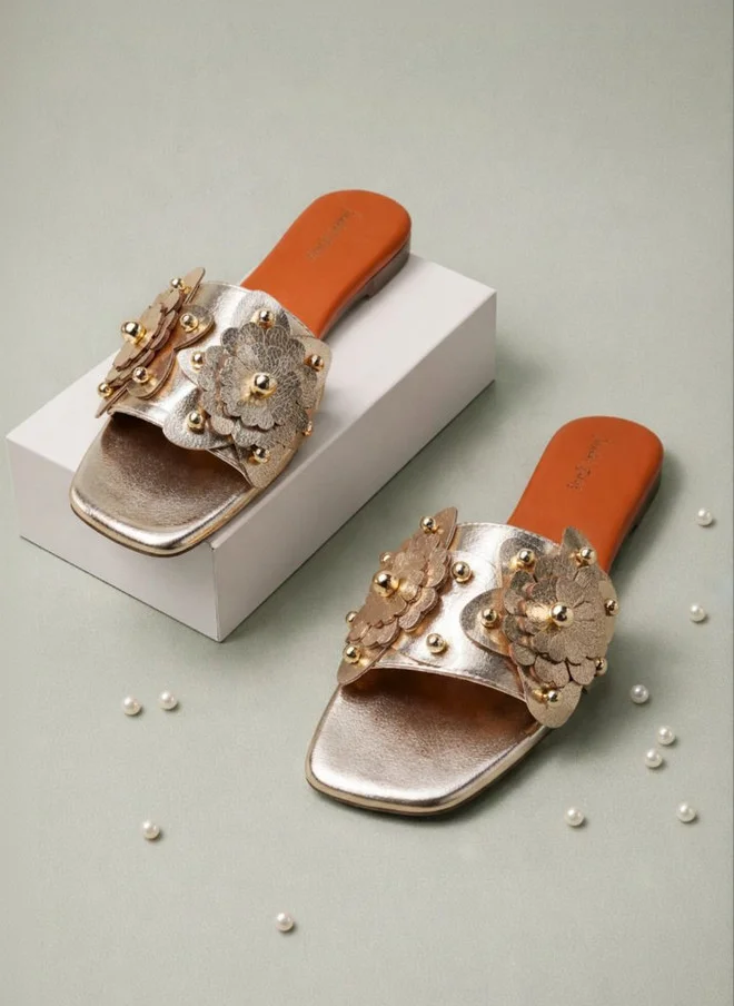 Sandal Stories Gold-Toned Open Toe Flats with Laser Cuts