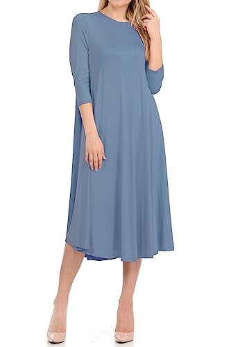 iconic luxe Women's Swing Midi Dress – 3/4 Sleeve Flowy A-Line Tunic – Soft, Stretchy, Comfortable, and Versatile Casual Dress for Everyday Wear Large Denim - Image 2